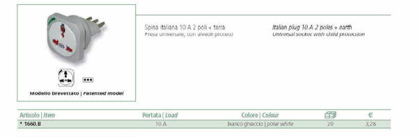 scheda tecnica adattatore da viaggio spina italiana 10A 2 poli + terra, presa universale con poli protetti. Colore: bianco ghiaccio. Modello brevettato