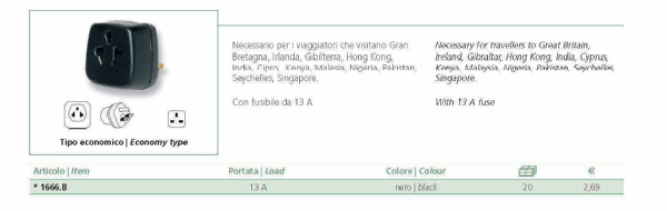 scheda tecnica adattatore da viaggio di tipo economico. Necessario per i viaggiatori che visitano Gran Bretagna, Irlanda, Gibilterra, Hong Kong, India, Cipro, Kenya, Malesia, Nigeria, Pakistan, Seychelles, Singapore. Portata 13A. Colore: nero.