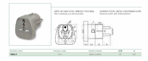 scheda tecnica adattatore da viaggio per prese schuko, tedesche/ francobelga. Presa universale, con alveoli protetti. Portata 16A. Colore: bianco.