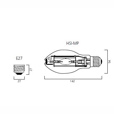 Lampadina a scarica a ioduri metallici HSI-MP MetalArc di Feilo Sylvania, misure: lunghezza 142mm; diametro 54mm.