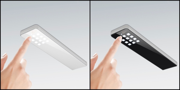 particolare del faretto Key-Dot con interruttore on/off dimmer, nei colori bianco e nero