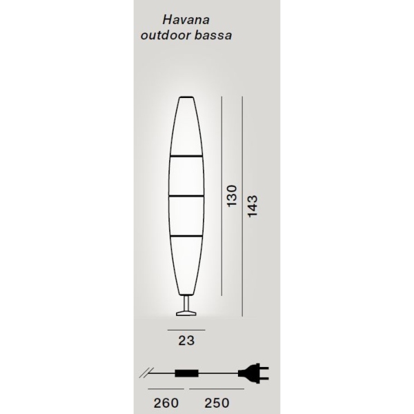 Havana Outdoor terra bassa di Foscarini, dimensioni: diam. 23 cm x h. 130/144 cm, cavo 260+250 cm.