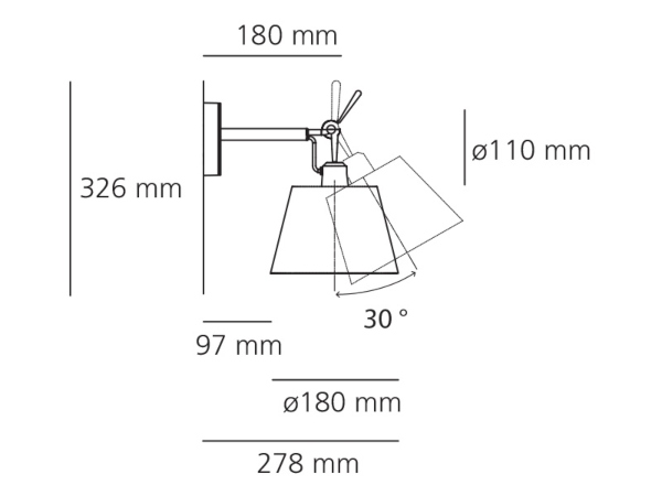 Lampada da parete Tolomeo 18 Wall di Artemide misure: cm.27,8 x h.cm.32.6 (misura con diffusore incluso)