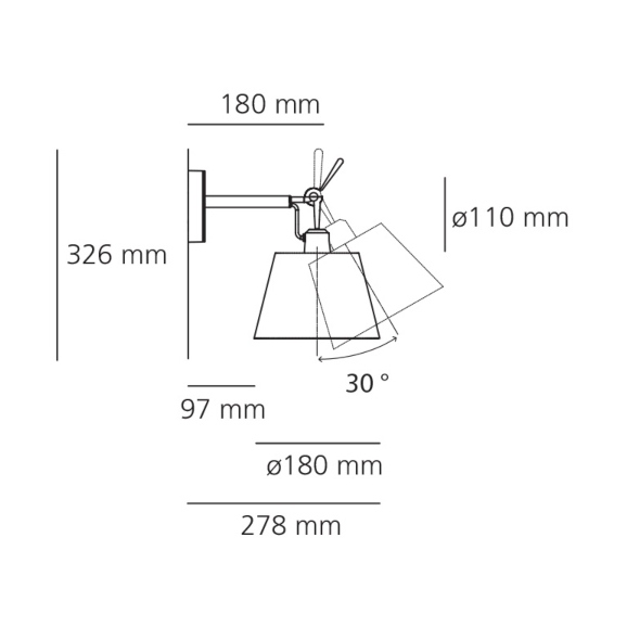 Lampada da parete Tolomeo 18 Wall di Artemide misure: cm.27,8 x h.cm.32.6 (misura con diffusore incluso)