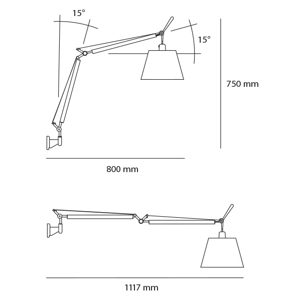 Lampada da parete Tolomeo basculante di Artemide misure parete cm. 75/80; massima estensione 111,7cm.