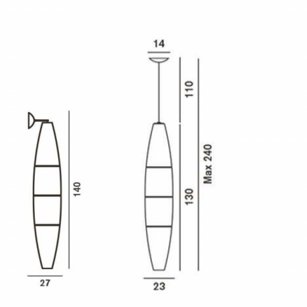 Havana parete di Foscarini dimensioni: 140 cm x 27 cm. Havana sospensione: 130 cm x 23 cm + 110 cm di cavo; h. totale 240 cm, rosone diam. 14 cm