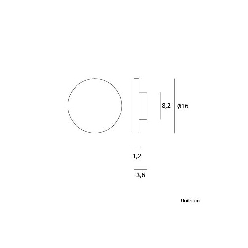 Brawall parete di Lumencenter dimensioni: d.16 cm sp. 3,6 cm, basetta fissaggio d. 8,2 cm, spessore disco 1,2 cm