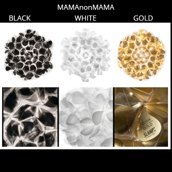 Clizia medium nei tre colori mamanonmama black, white e gold, con i rispettivi particolari del diffusore