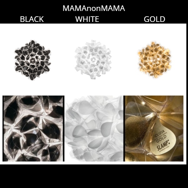 Clizia mini parete/soffitto nelle finiture mamanonmama black, white e gold, con i rispettivi particolari del diffusore nelle varie colorazioni