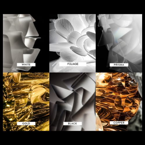 finiture e particolari dei diffusori della lampada Veli mini parete/soffitto: white, foliage, prisma, gold, black e copper