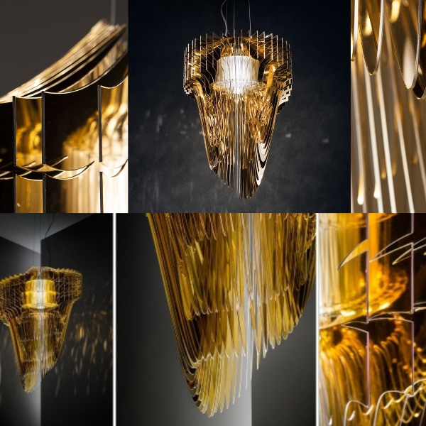 Aria XL sospensione realizzata in Cristalflex, materiale brillante come vetro ma leggero e resistente. Finitura Gold