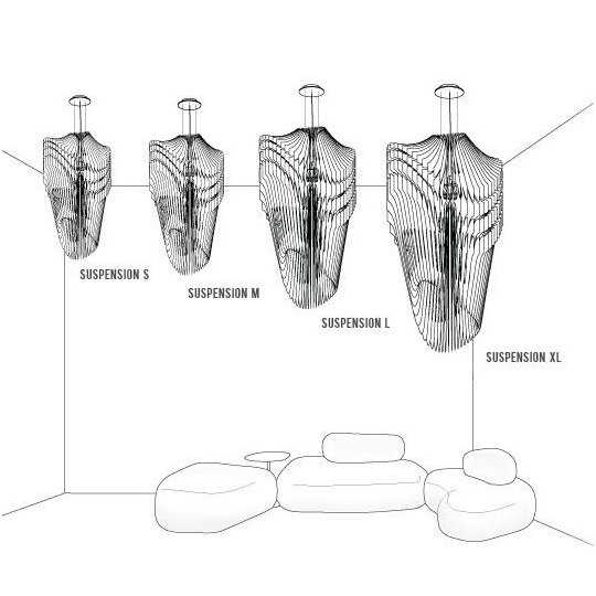 La famiglia della lampada sospensione Avia in versione small, medium, large ed extra large