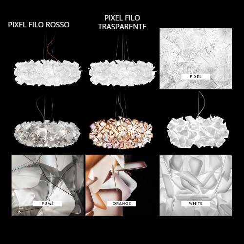 Clizia medium sospensione nei colori: orange, white e fumè (cavo trasparente); pixel (cavo rosso o cavo trasparente)
