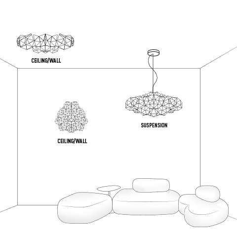 la famiglia della lampada Drusa in versione sospensione e parete/soffitto