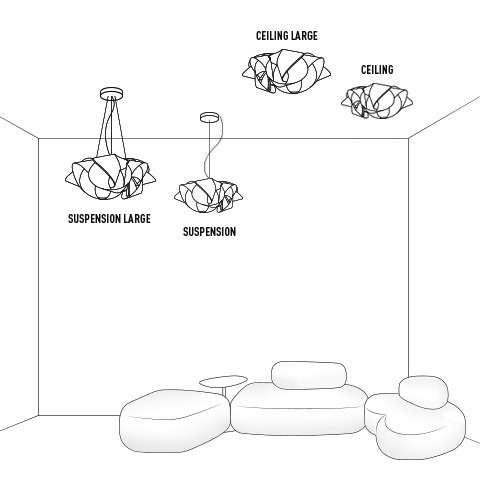 La famiglia completa Fabula da sospensione e soffitto, nelle versioni con diametro da 60cm. e 48cm.