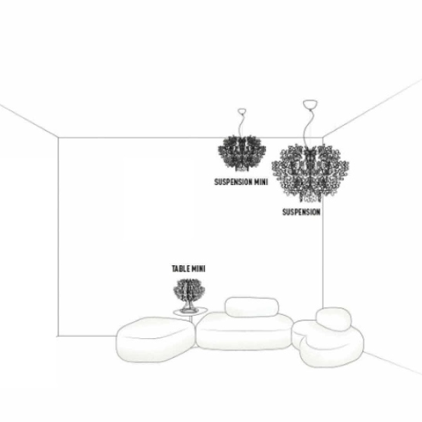 famiglia della lampada Fiorella, nelle due misure da sospensione (medium e mini) e da tavolo denominata Fiorellina