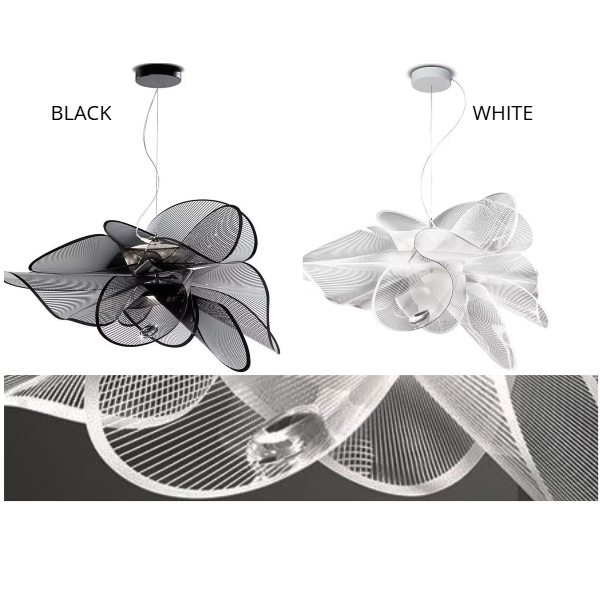 La Belle Étoile nei colori black e white con particolare del velo della lampada Étoile sospensione in lentiflex, nella finitura white
