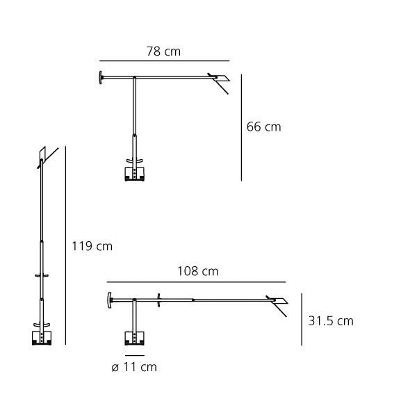 Tizio di Artemide dimensioni: Lunghezza: cm 78 — Altezza: cm 66 — Diametro base: cm 11 — Estensione massima in altezza: cm 119 — Estensione massima in larghezza: cm 108 cm 11 — Estensione massima in altezza: cm 119 — Estensione massima in larghezza: cm 108