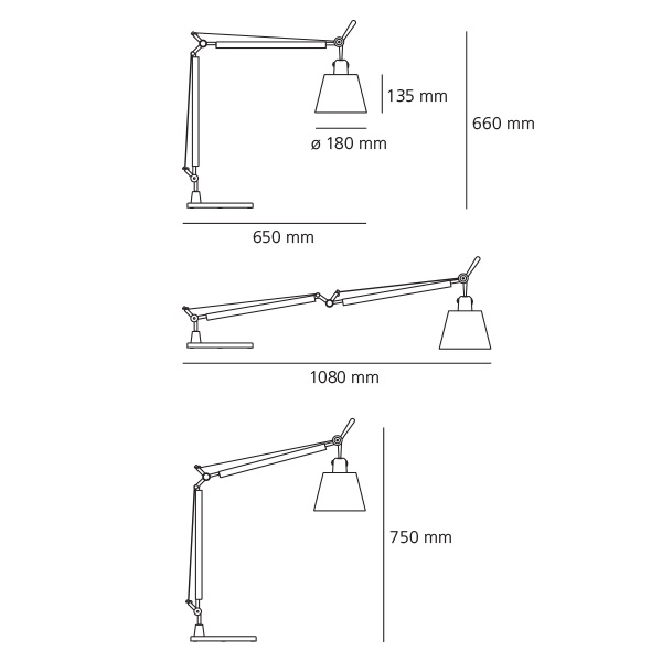 Lampada da tavolo Tolomeo basculante di Artemide misure tavolo cm.65/108 x h cm.66/75