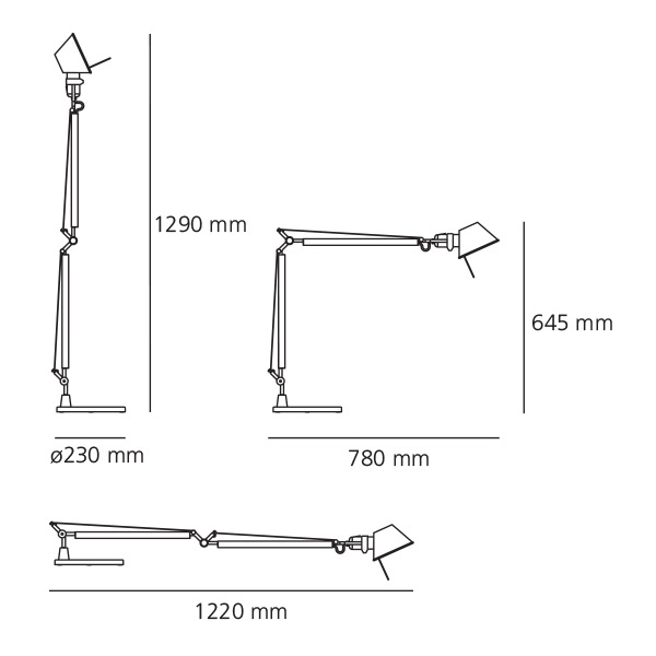 Tolomeo corpo con base tavolo cm.23. Dimensioni cm.78/122 x h cm.64,5/129