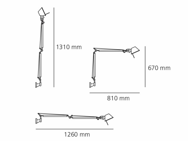 attacco parete Tolomeo posizionamenti consentiti cm.81/126; altezza: cm.67/131; estensione massima in altezza: cm.131; estensione massima in larghezza: cm.126