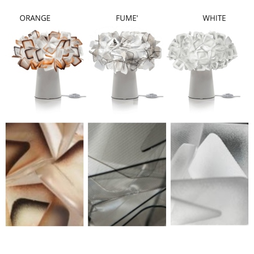 Clizia tavolo nelle finiture orange, fumè e white. Particolare del diffusore in cristalflex materiale brillante come vetro ma leggero e resistente
