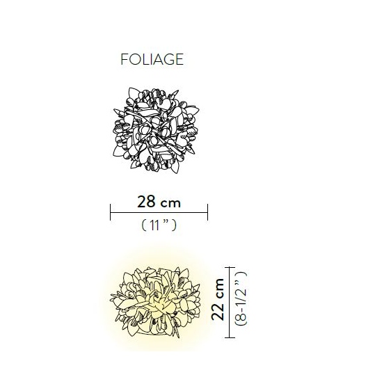 Veli tavolo nella finitura foliage misure: diametro cm.28 x h cm.22. Luce diffusa 360°. Lampadina led 6w E14 (esclusa)