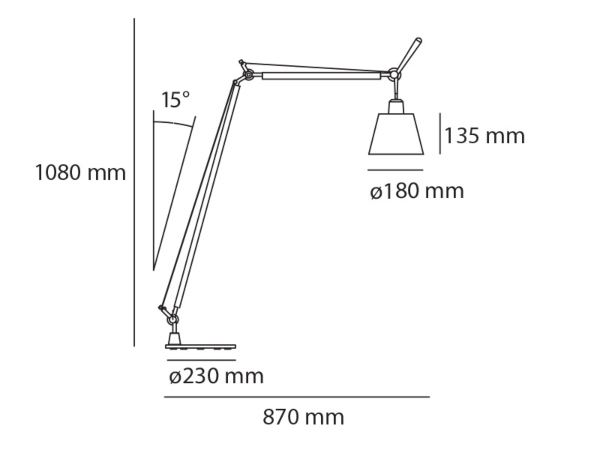 Lampada da terra Tolomeo Basculante Reading Floor di Artemide dimensioni min 65 cm max 87 cm, h.108 cm., paralume 18 cm x 13.5 cm