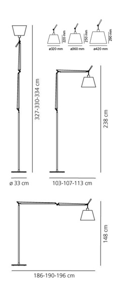 base da terra colore alluminio diametro 33cm.; lunghezza: cm.103/107/113; altezza: cm.148/238; estensione massima in altezza: cm.327; estensione massima in larghezza: cm.186