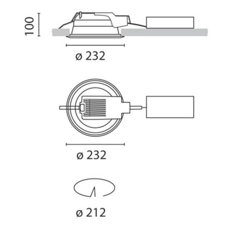 Dimensioni dell'apparecchio da incasso Sistema Easy (mm): 232 x 100. Foro controsoffitto 212mm