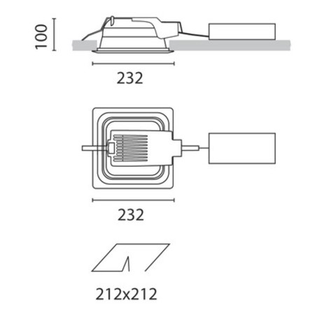 Dimensioni dell'apparecchio da incasso Sistema Easy (mm): 232 x 232 x 100. Foro controsoffitto 212 x 212 mm