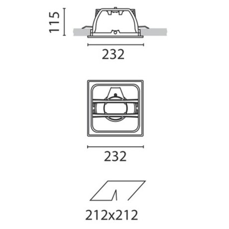 Dimensioni dell'apparecchio da incasso Sistema Easy (mm): 232 x 232 x 115. Foro controsoffitto 212 x 212 mm