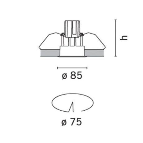 Dimensioni del faretto da incasso Deep Laser rotondo (mm): 85 x 118. Foro controsoffitto 75mm
