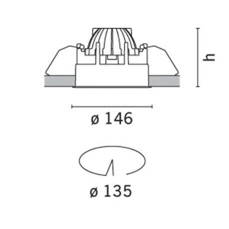 Dimensioni del faretto da incasso Deep Laser rotondo (mm): 146 x 126. Foro controsoffitto 135mm
