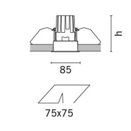Dimensioni del faretto da incasso Deep Laser LED quadrato (mm): 85 x 85 x 105. Foro controsoffitto 75 x 75