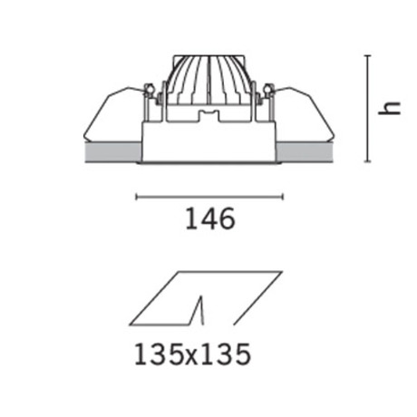 Dimensioni del faretto da incasso Deep Laser quadrato (mm): 146 x 146 x 126. Foro controsoffitto 135 x 135