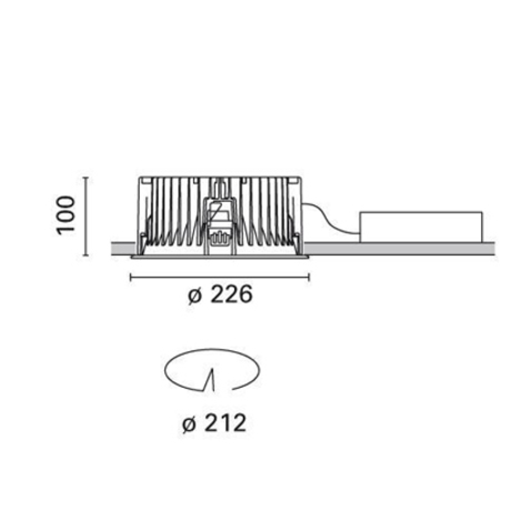 dimensioni del faretto da incasso Reflex LED rotondo (mm): 226 x 100 - foro controsoffitto 212mm