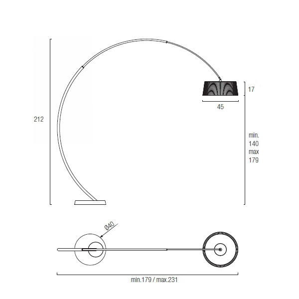misure della lampada da terra ad arco lampada Hoop cm.179/231 x h.cm.212 diffusore diametro cm.45