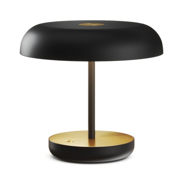 Zero 02 tavolo di Lumen Center nella finitura nero vista di lato, con dettaglio nella finitura oro.
