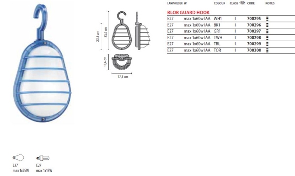 scheda tecnica apparecchio mobile Blob Guard Hook da soffitto: colore trasparente/azzurro; lampadina fluorescente E27 1x60w (esclusa); grado di protezione IP44