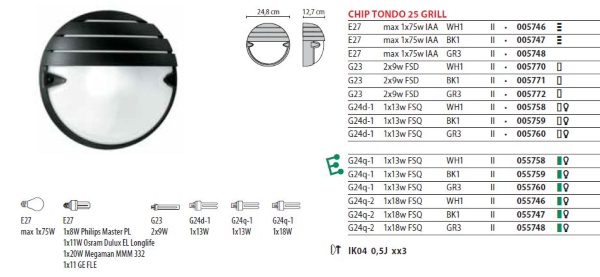 scheda tecnica: colore nero; lampadina fluorescente G23 2x9 FSD (escluse); grado di protezione IP44; ottica simmetrica extra diffondente
