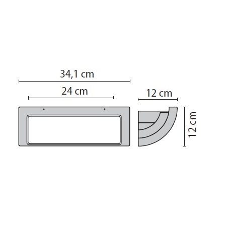Lampada da parete Minifolio misure: lunghezza ingombro esterno 34,1cm e lunghezza base parete 24cm, altezza 12 cm, profondità 12cm.