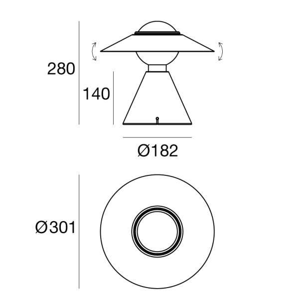 Fante tavolo di Stilnovo misure: diametro base 18,2 cm, diametro cappello 30,1 cm-altezza cono 14 cm, altezza totale 28 cm