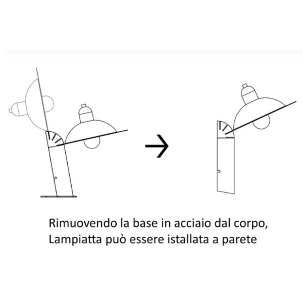 Rimuovendo la base in acciaio dal corpo, Lampaiatta può essere istallata a parete